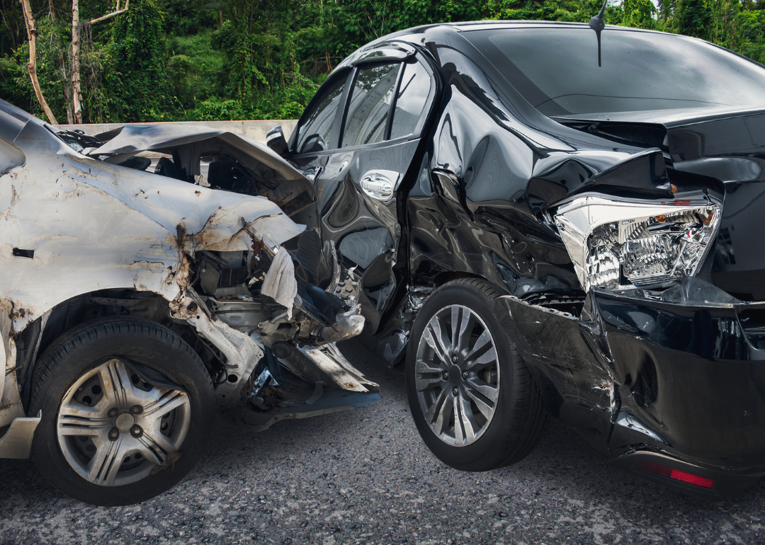 Two wrecked cars after a serious collision.